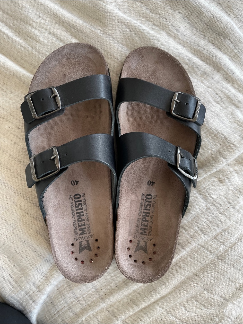 Mephisto  Black Leather Double-Buckle Slide Sandals size 39 excellent shape